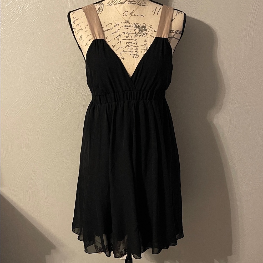 Charlotte Russe Black Chiffon Mini Dress M Nude Mesh Straps Lace Trim